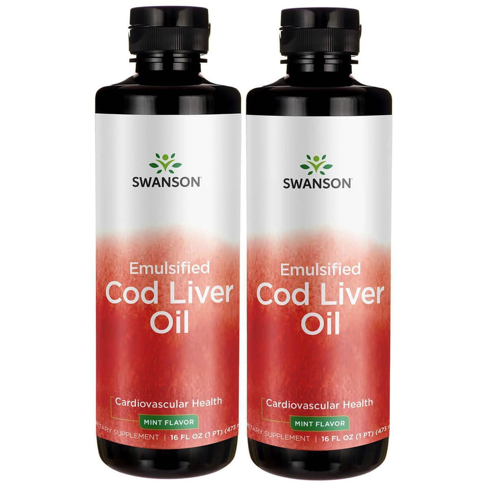 Swanson Emulsified Cod Liver Oil mint bottle highlights mint flavor and smooth texture for easy daily use