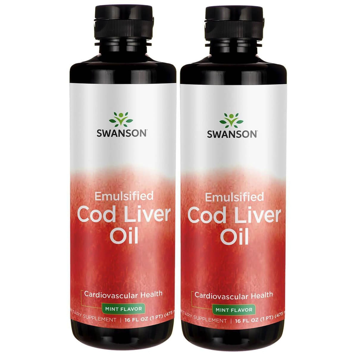 Swanson Emulsified Cod Liver Oil mint bottle highlights mint flavor and smooth texture for easy daily use