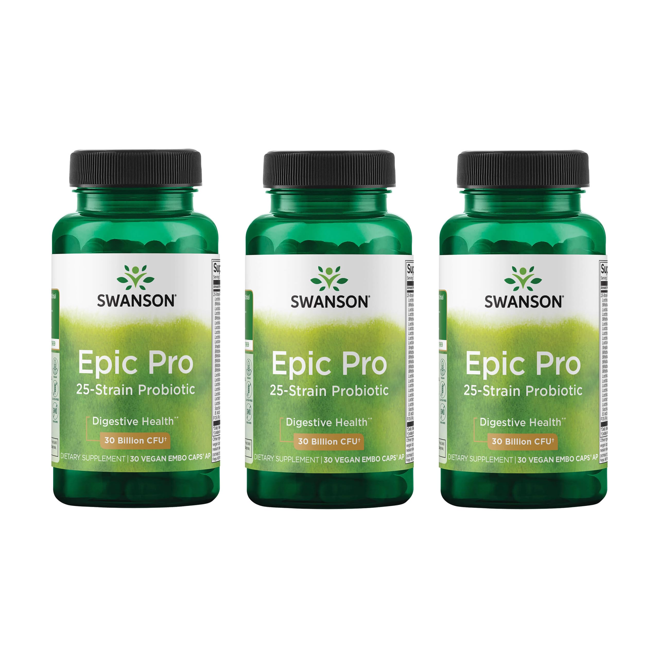 Swanson Epic-Pro probiotic bottle showing 30B CFU for daily digestive balance