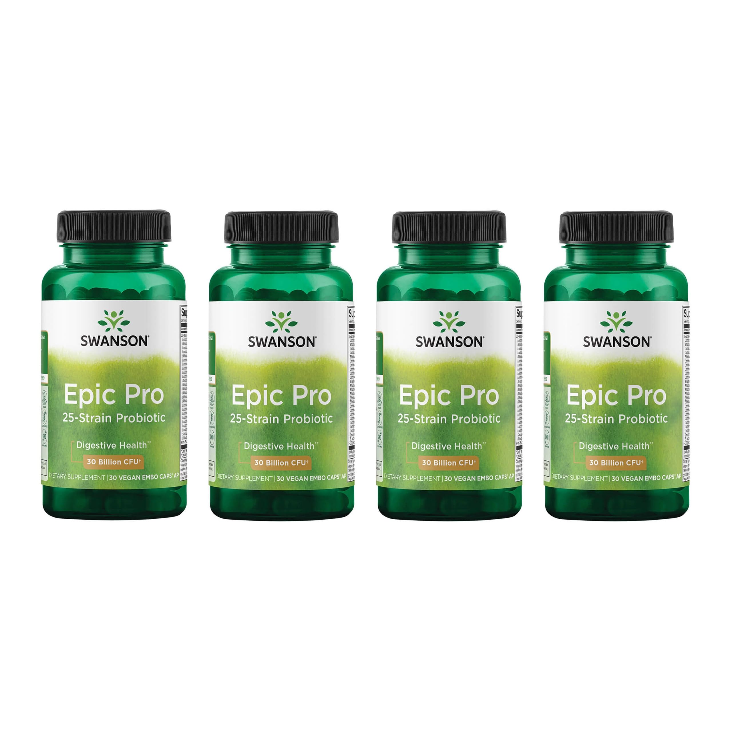 Swanson Epic-Pro bottle front with 30B CFU across 25 strains for digestion support