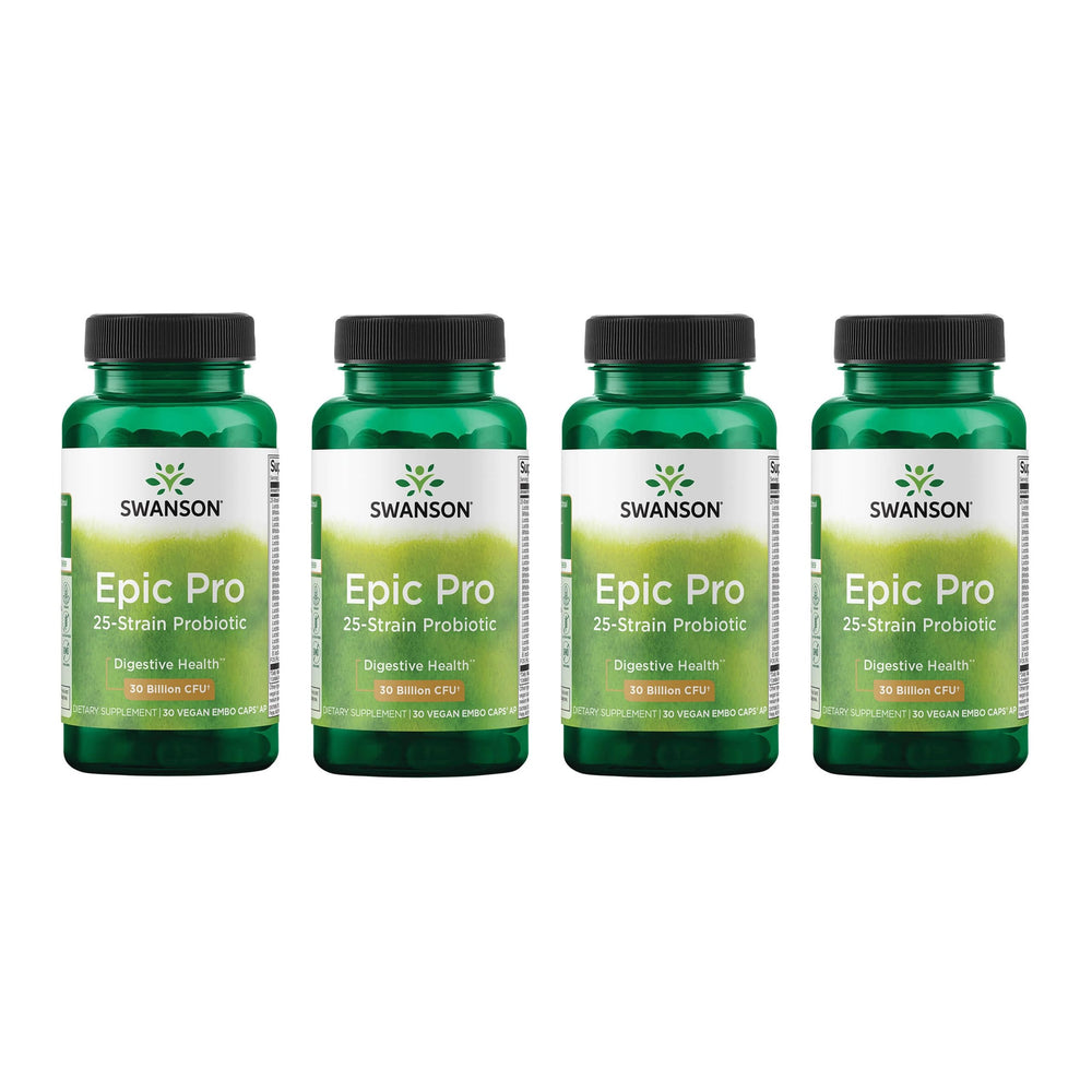 Swanson Epic-Pro bottle front with 30B CFU across 25 strains for digestion support
