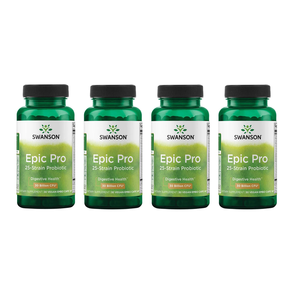 Swanson Epic-Pro bottle front with 30B CFU across 25 strains for digestion support