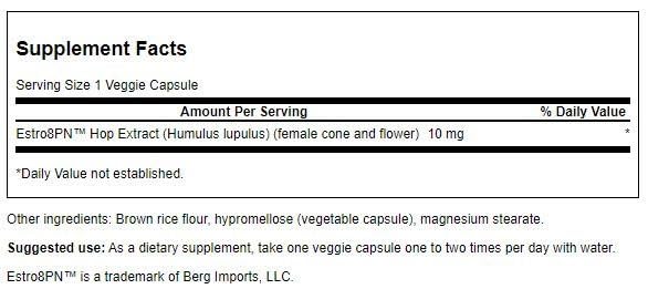 Close-up of Swanson Estro8Pn hop extract capsules emphasizing vegetarian formula