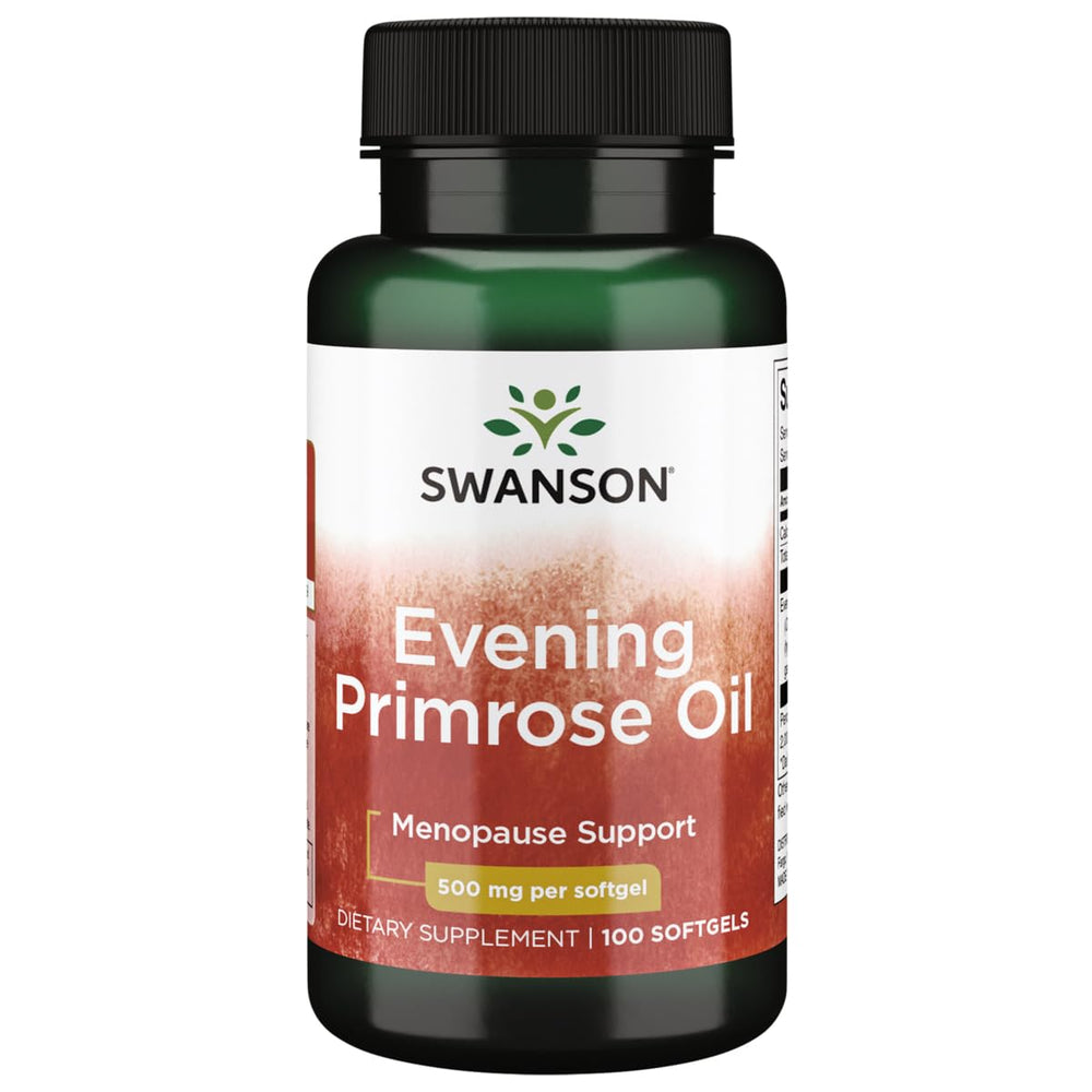 Swanson Evening Primrose Oil 500 mg bottle displaying a premium source for skin moisture and balance.