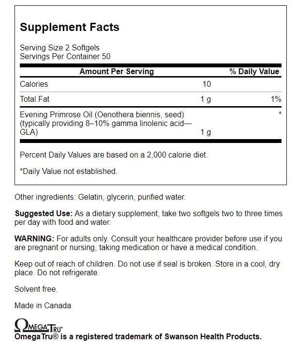 Swanson Evening Primrose Oil softgels closeup showing capsules for joints and elasticity.