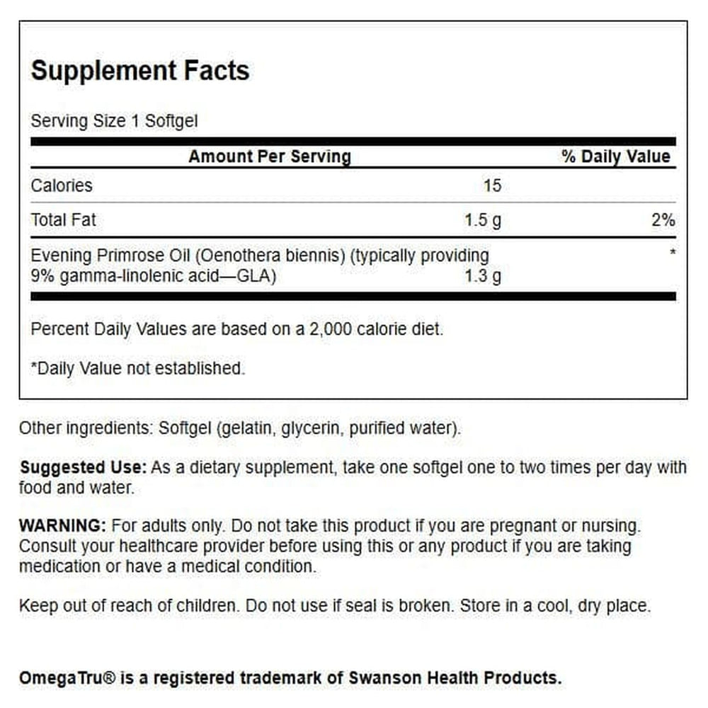 Swanson Evening Primrose Oil softgels on a clean surface for convenient daily use.