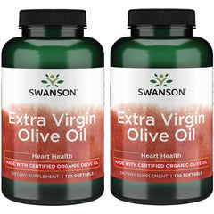 Swanson extra virgin olive oil softgels pour, highlighting essential fatty acids for wellness.