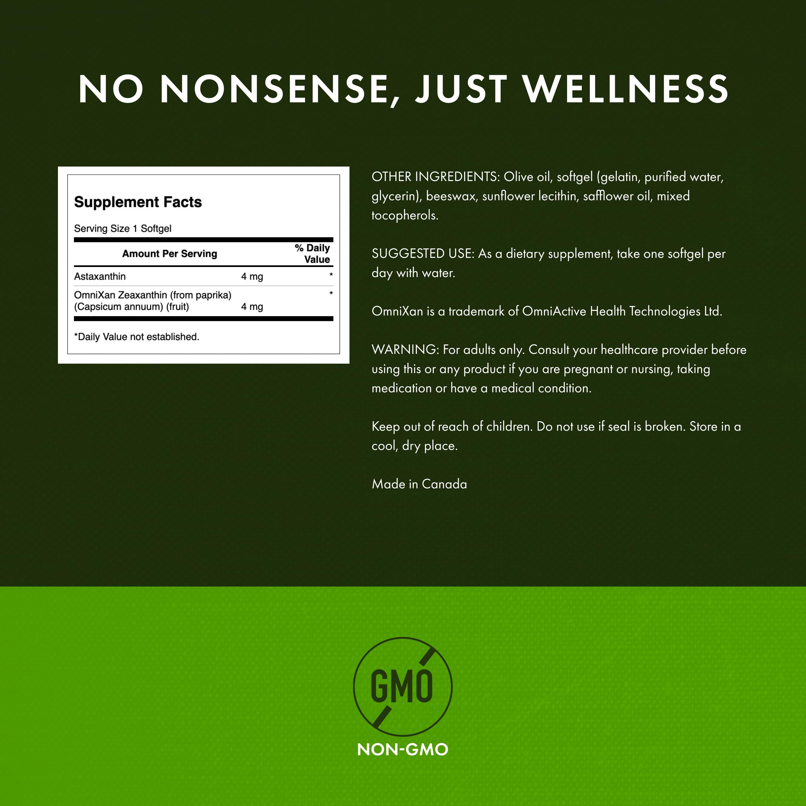 Swanson eye health label detailing zeaxanthin and astaxanthin amounts for dosing