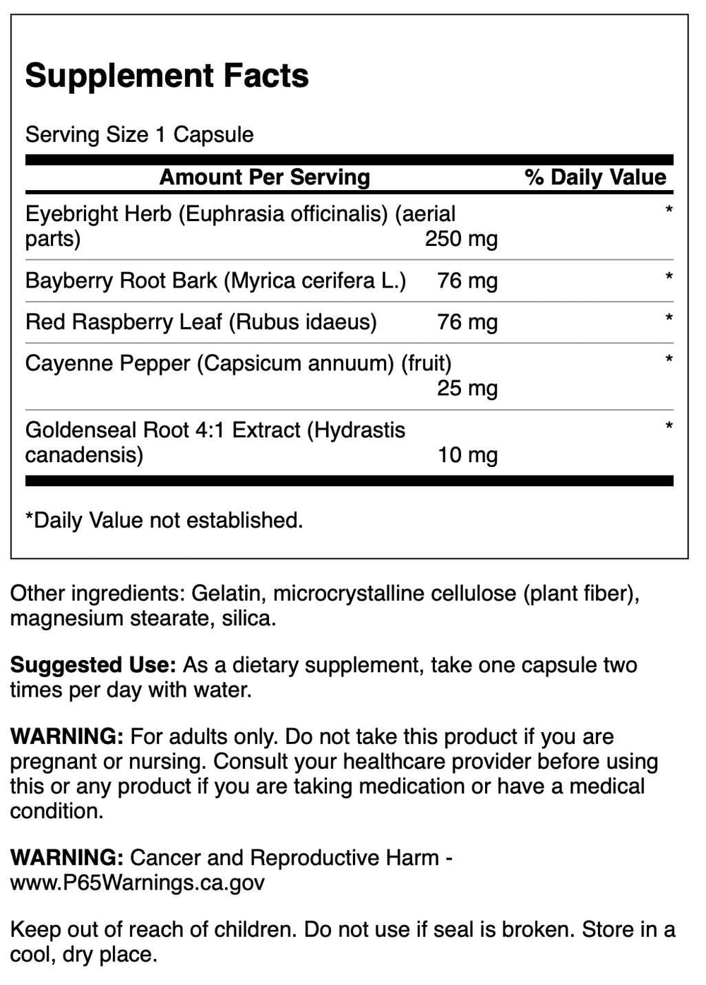 Swanson Eyebright Combination bottle back emphasizes non-GMO ingredients for a clean herbal blend