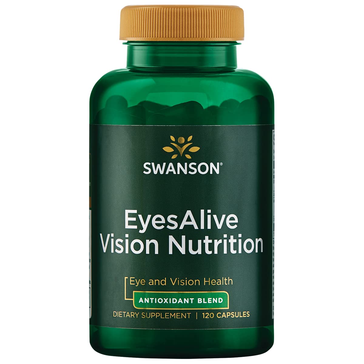 Swanson Eyesalive Vision Nutrition bottle on table promoting eye health and antioxidant support.