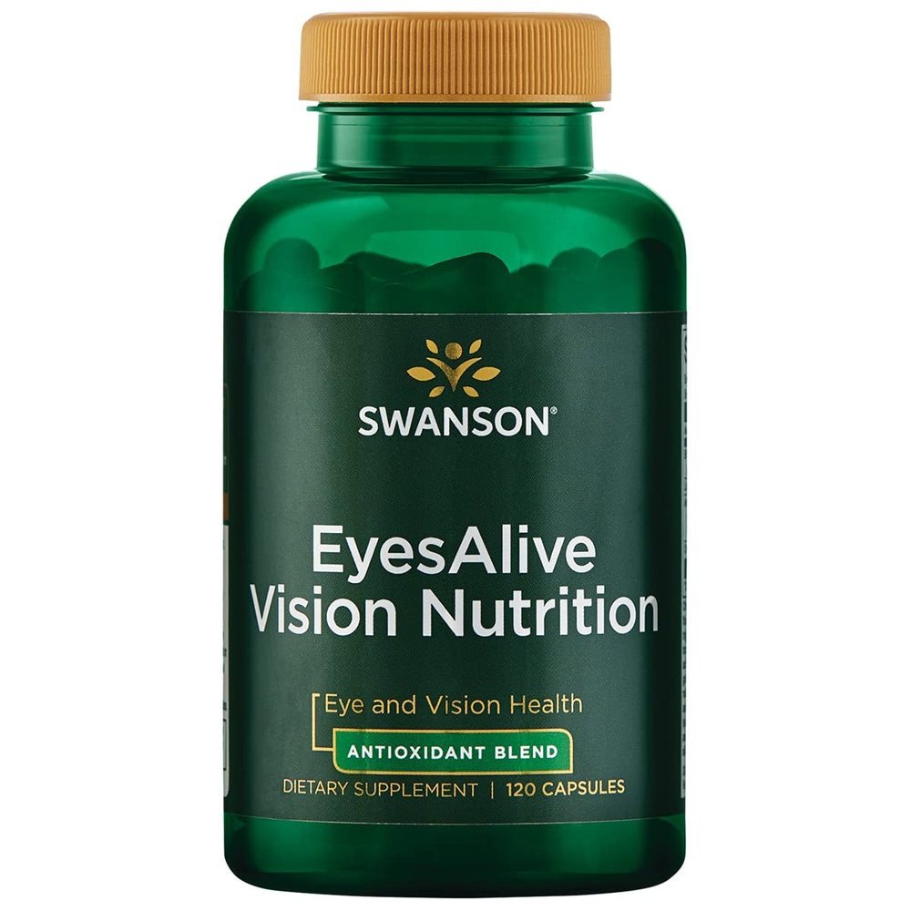 Swanson Eyesalive Vision Nutrition bottle on table promoting eye health and antioxidant support.