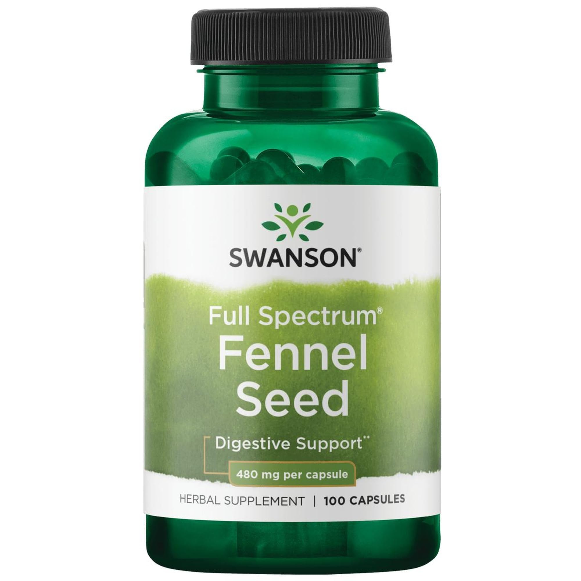 Swanson Fennel 480 mg capsules on table suggesting daily digestion support
