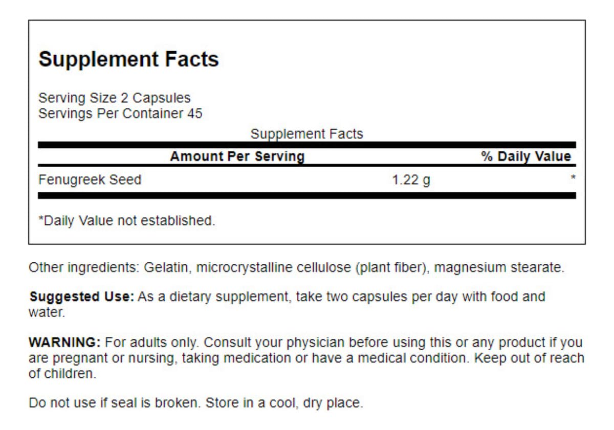 Swanson fenugreek seed label highlighting full spectrum herbal benefits for daily wellness.