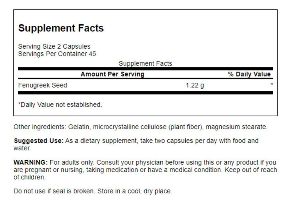 Swanson fenugreek seed label highlighting full spectrum herbal benefits for daily wellness.