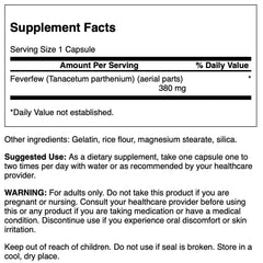 Swanson Feverfew capsules pack view emphasizing full-spectrum herbal formula.