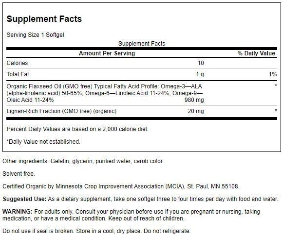 Swanson Omegatru flaxseed oil label close-up showing premium composition and non-GMO sourcing.