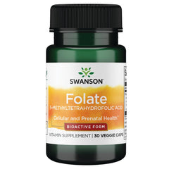 Swanson folate bottle, 400 mcg, vegan capsules for daily folate intake.