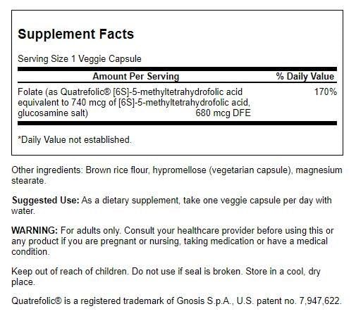 Swanson Folate capsules, 400 mcg, supports prenatal nutrition on vegan diets.