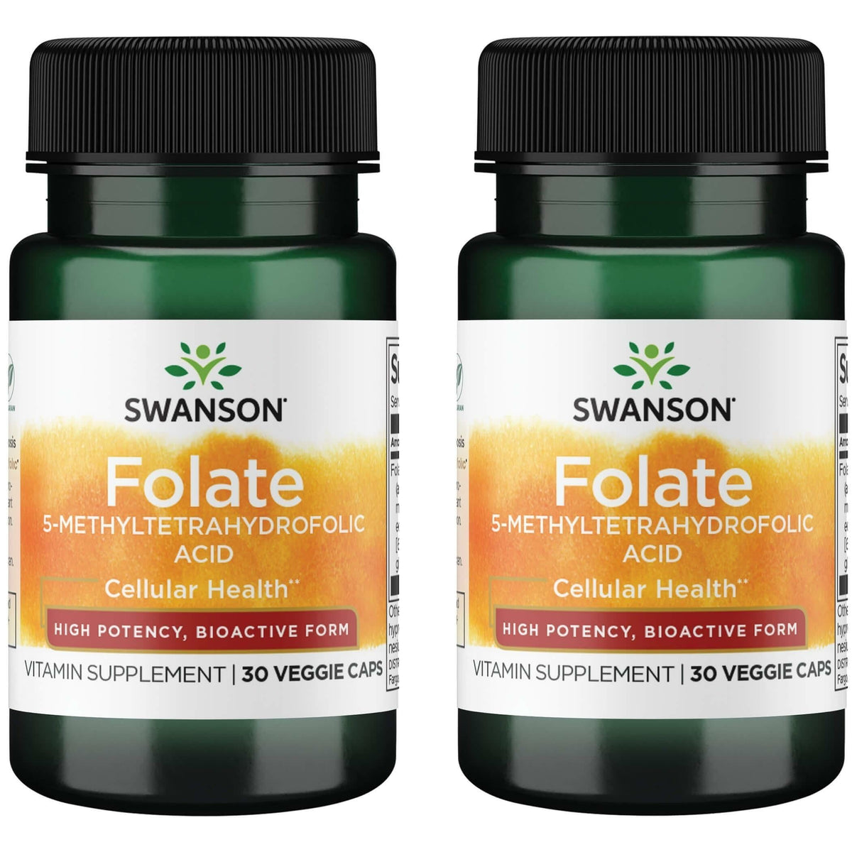 Swanson Folate 5-MTHF bottle closeup showing high potency bioactive folate for daily support.