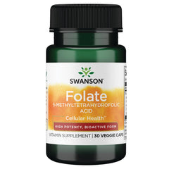 Swanson Folate 800 mcg bottle front view, vegetarian option.