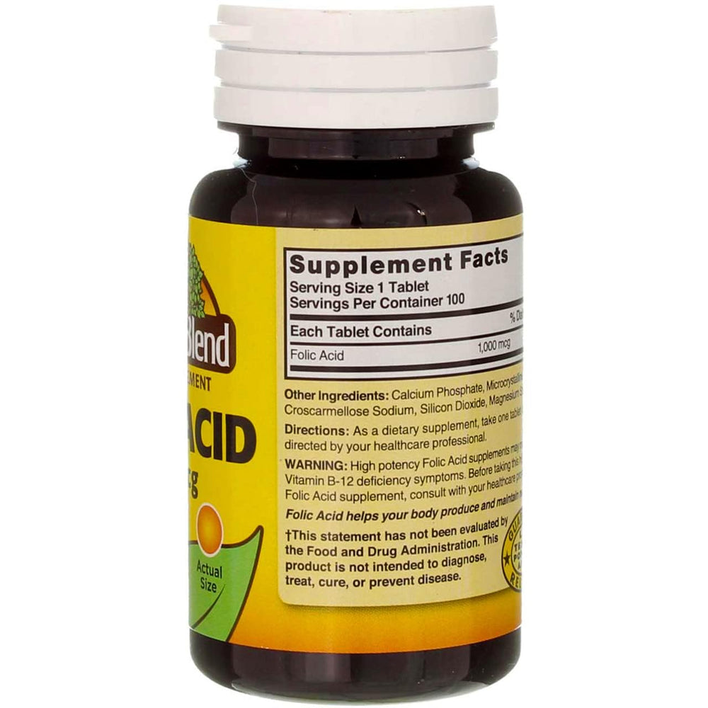 Swanson Folic Acid 1000 mcg tablets close-up, easy-to-swallow daily supplement