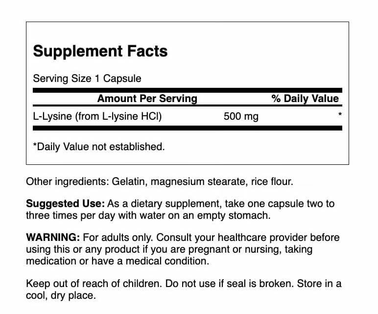 Swanson Free Form L-Lysine capsules sealed, convenient daily supplement.