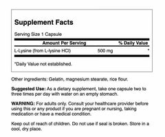 Swanson Free Form L-Lysine capsules sealed, convenient daily supplement.