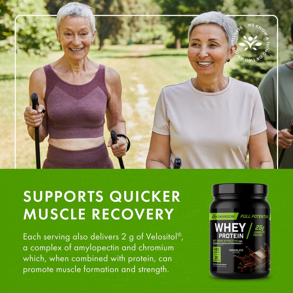 Nutrition facts panel highlights protein content per serving for Swanson Whey Chocolate
