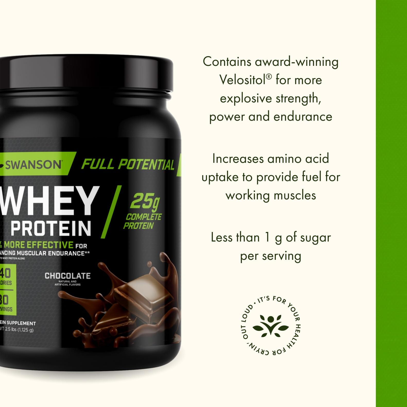Velositol-enhanced formula close-up evidenced in Swanson Full Potential Whey Chocolate