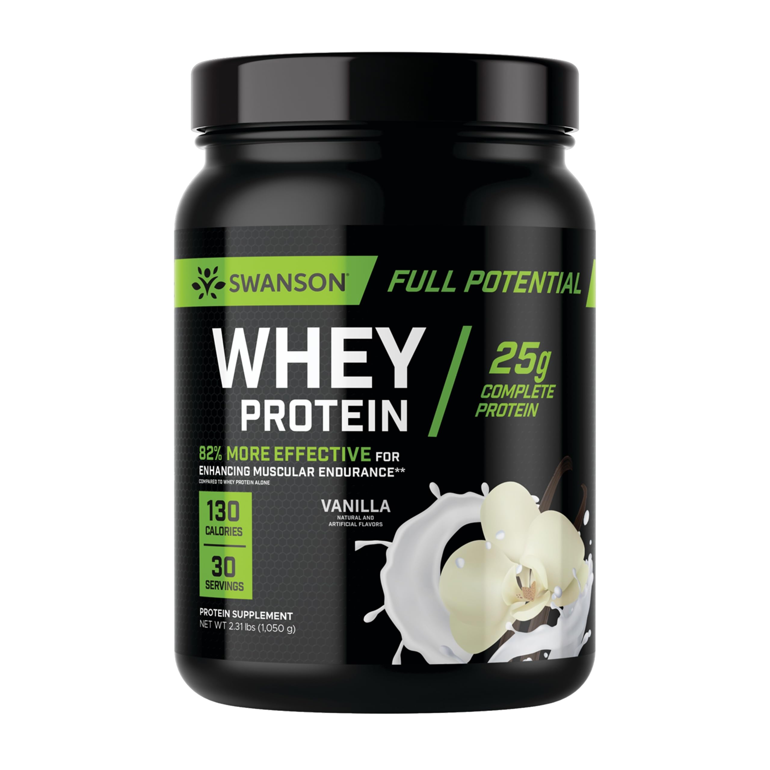 Swanson Full Potential Whey Vanilla bottle highlighting a high-protein blend for muscle recovery