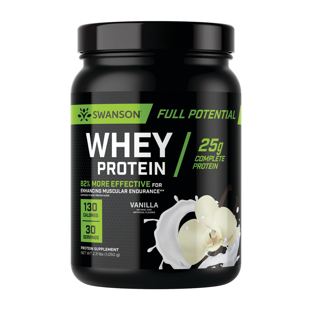 Swanson Full Potential Whey Vanilla bottle highlighting a high-protein blend for muscle recovery