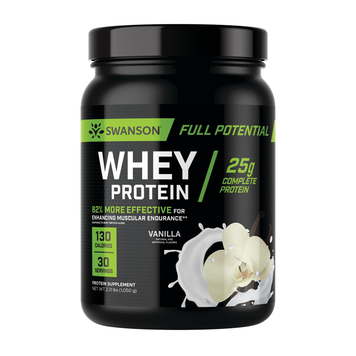 Swanson Full Potential Whey Vanilla bottle highlighting a high-protein blend for muscle recovery