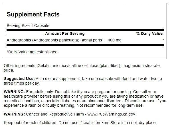 Swanson Andrographis Paniculata label with 400 mg capsules for daily wellness.