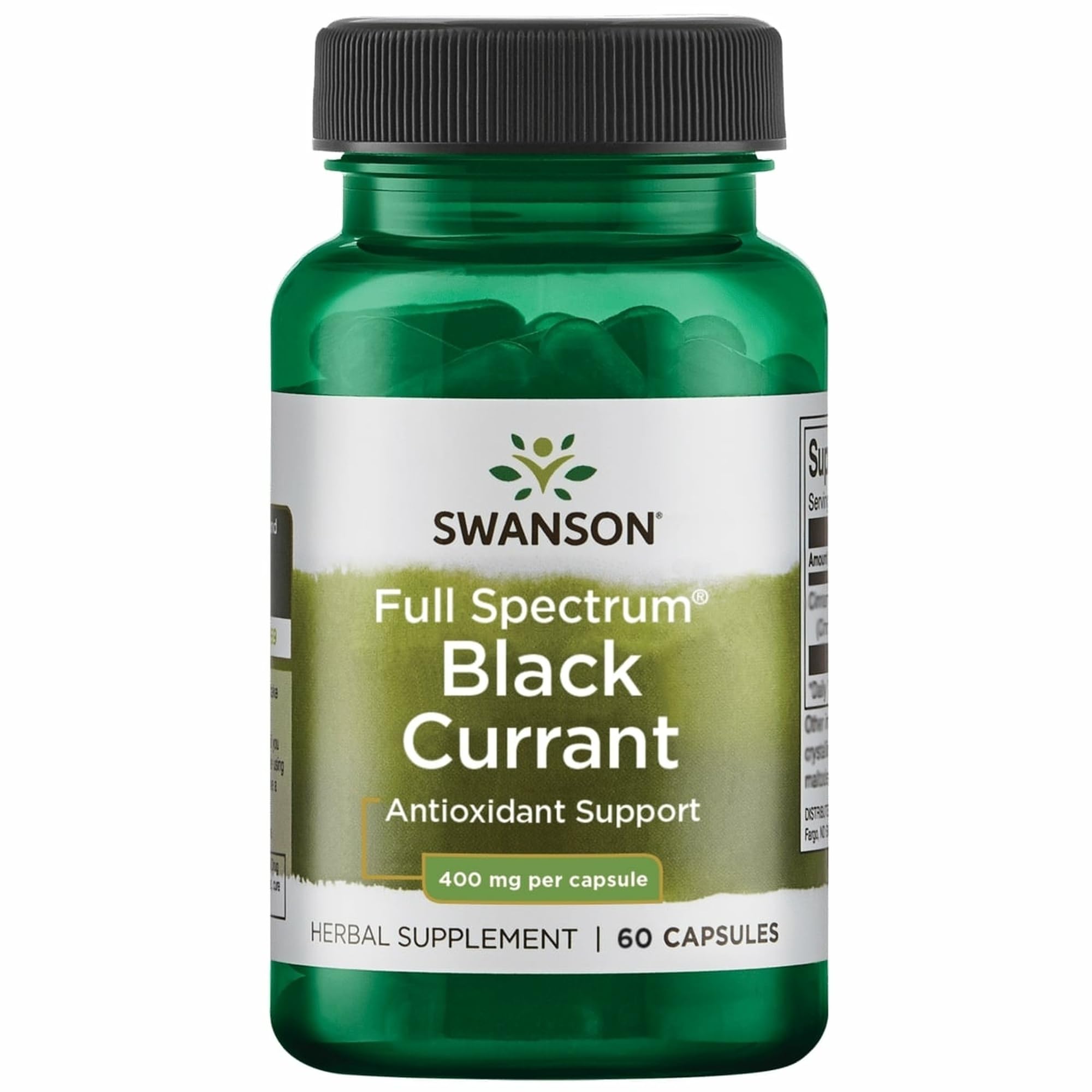 Swanson full-spectrum black currant capsules bottle highlights daily antioxidant support.