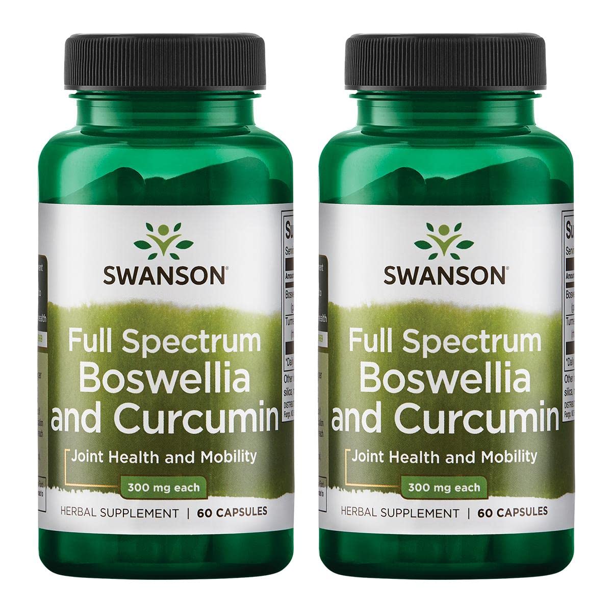 Swanson full-spectrum Boswellia & Curcumin capsules pack shot for daily joint support.