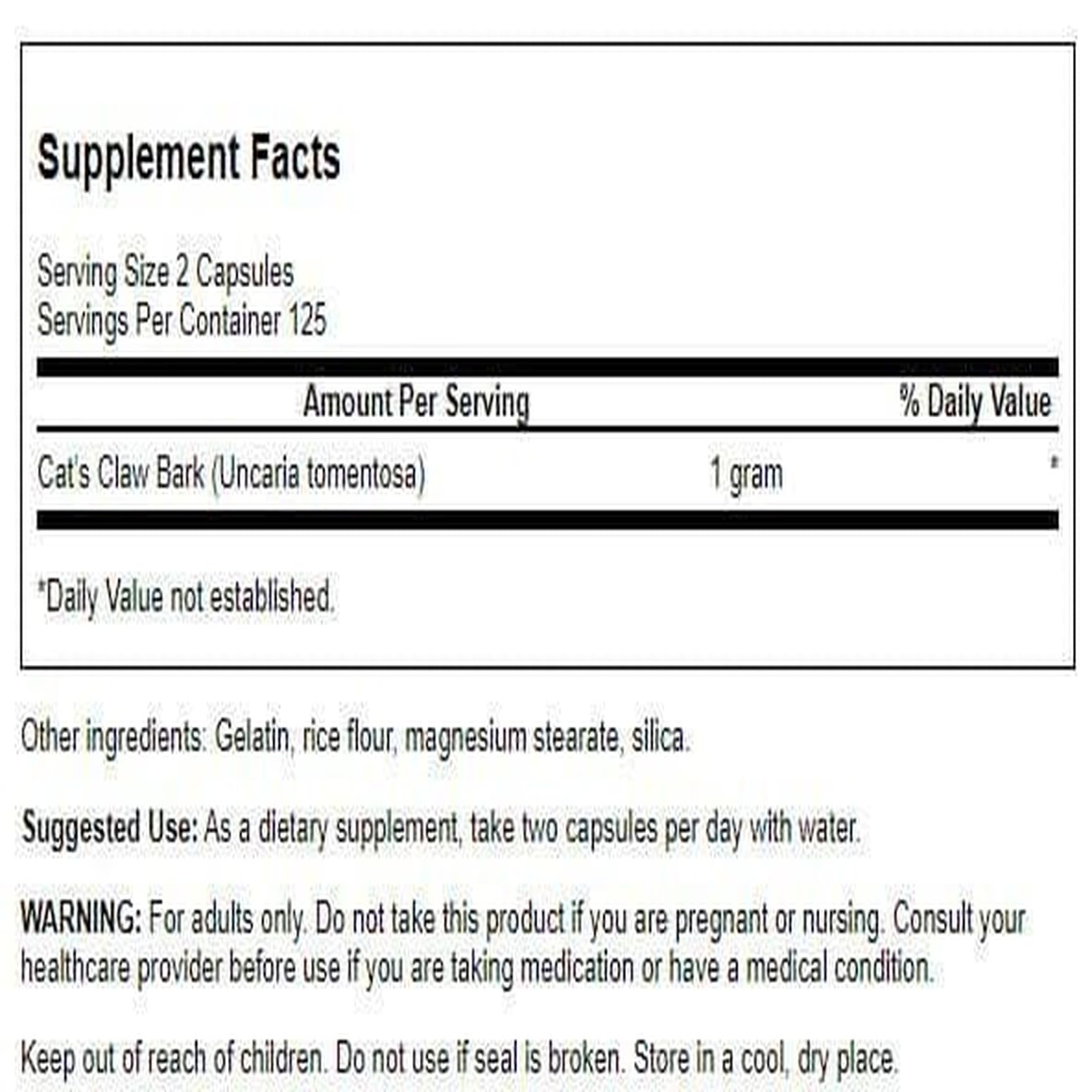 Swanson Full Spectrum Cat's Claw bottle label with ingredients and dosage for daily wellness
