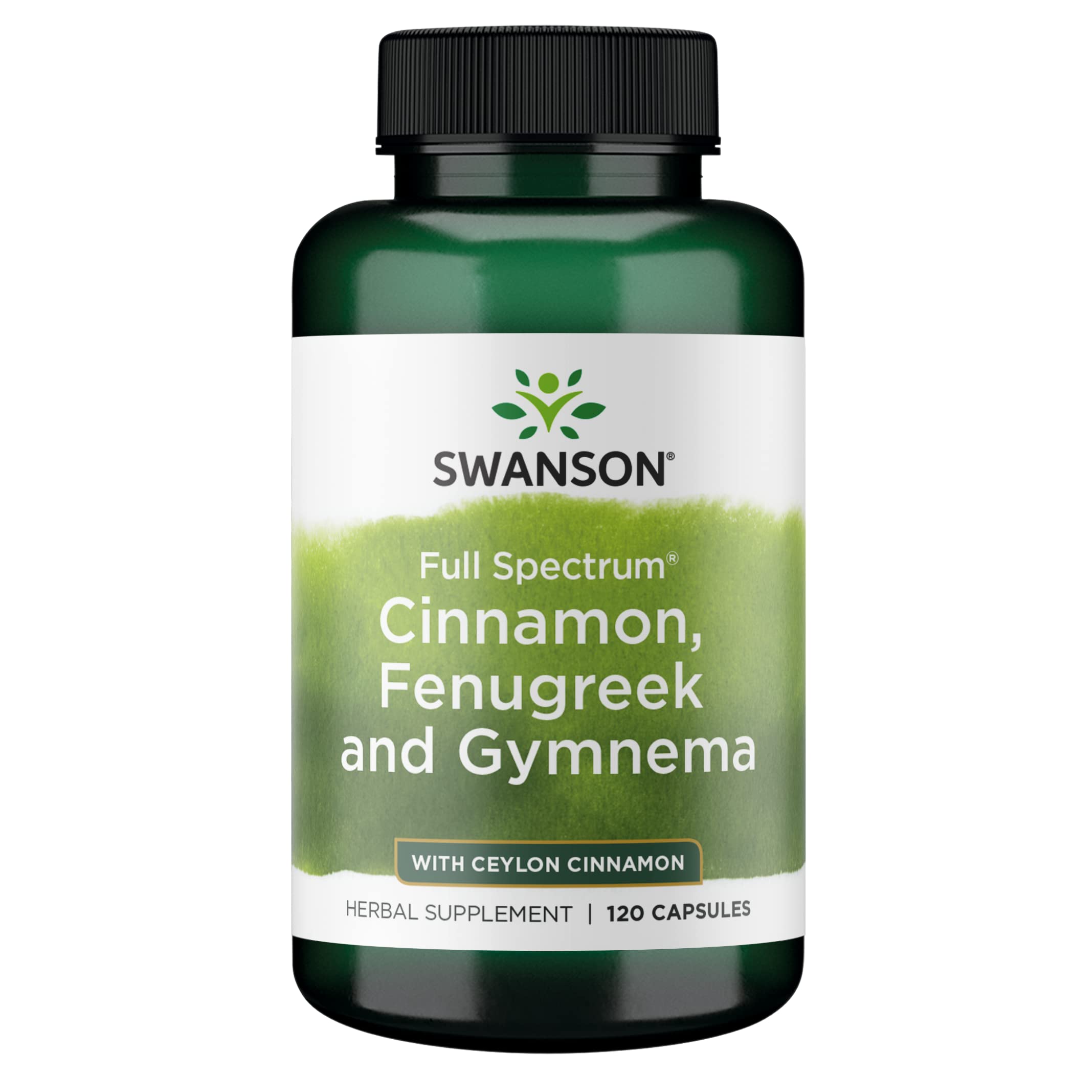 Swanson Full Spectrum Cinnamon Fenugreek Gymnema capsules bottle supports metabolic function.