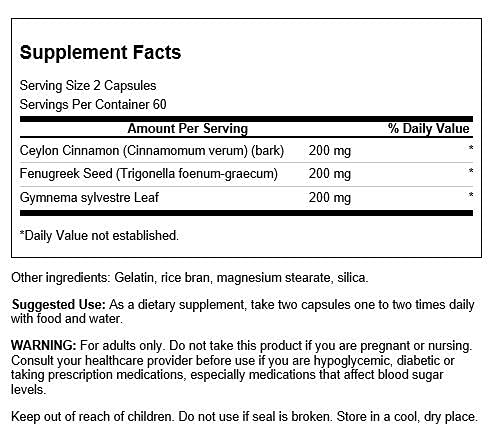 Swanson full-spectrum cinnamon fenugreek gymnema ingredients label highlights three herbs for metabolic balance.