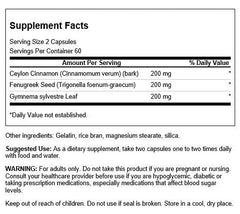 Swanson full-spectrum cinnamon fenugreek gymnema ingredients label highlights three herbs for metabolic balance.