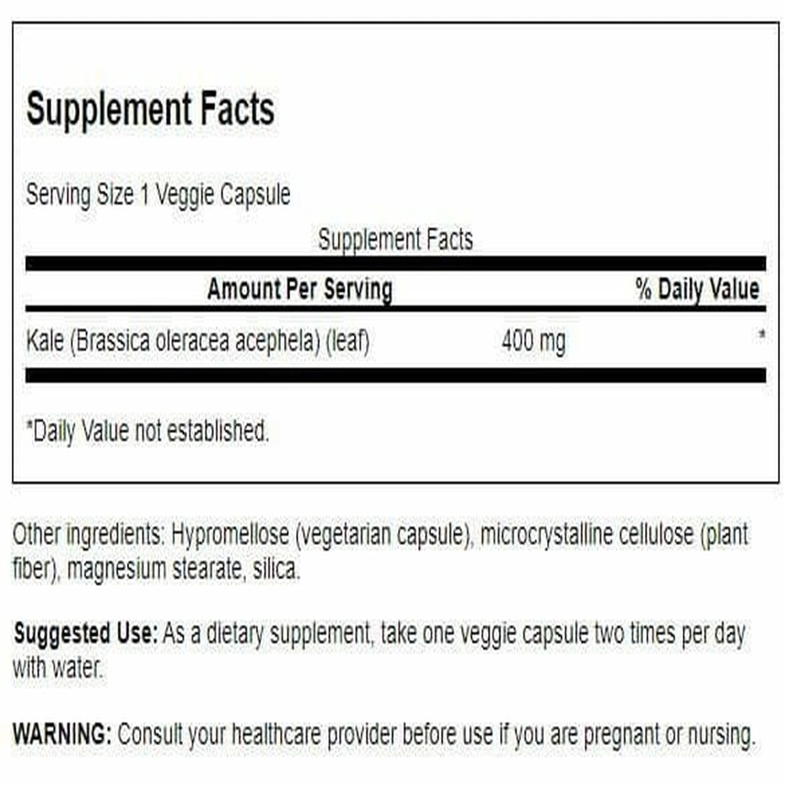 Swanson kale bottle closeup showing vegan capsules for wellness
