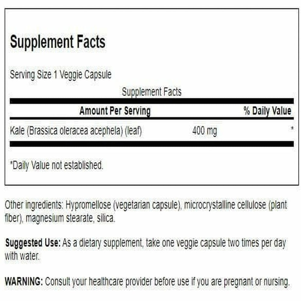 Swanson kale bottle closeup showing vegan capsules for wellness