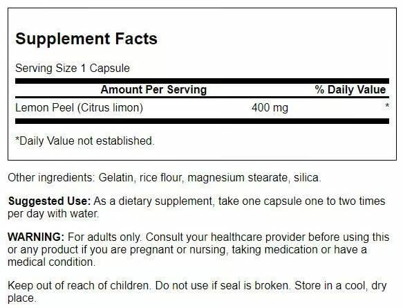 Swanson full-spectrum lemon peel bottle label, 60 capsules per pack for convenient use.