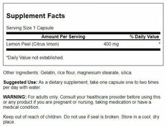 Swanson full-spectrum lemon peel bottle label, 60 capsules per pack for convenient use.