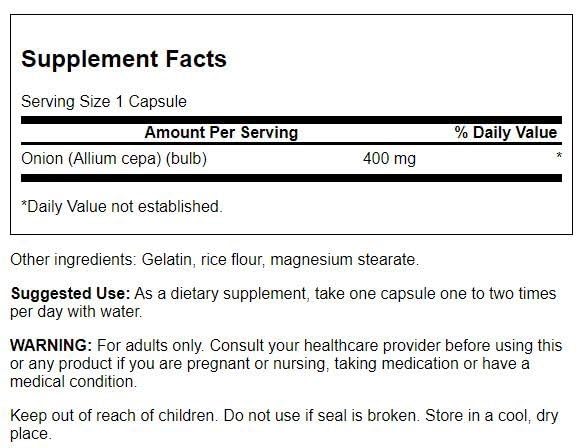 Swanson onion capsule bottle with water for easy daily supplementation.
