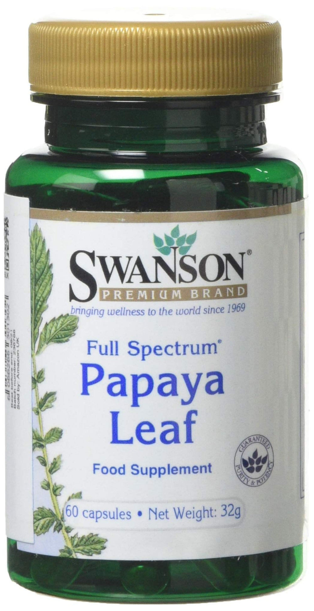 Swanson Full Spectrum Papaya Leaf bottle showing a natural digestive support supplement.