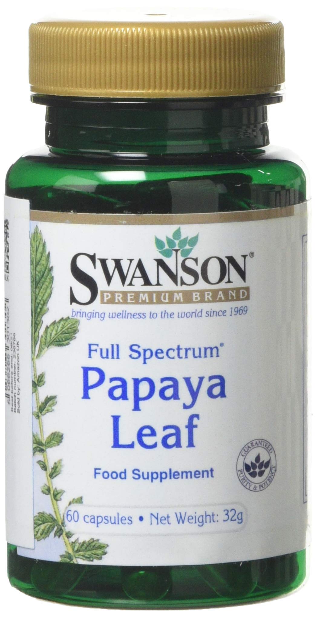 Swanson Full Spectrum Papaya Leaf bottle showing a natural digestive support supplement.