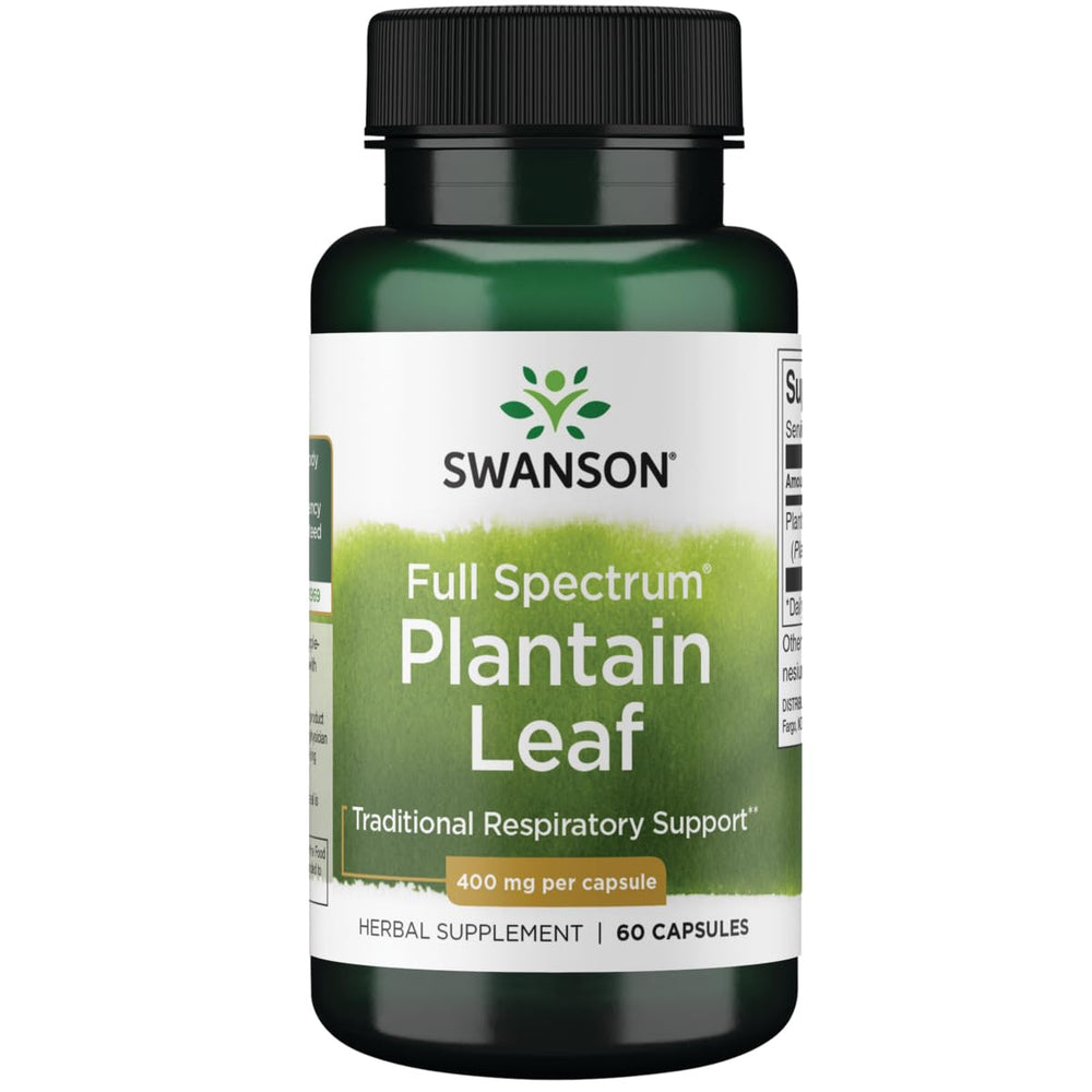 Swanson Full Spectrum Plantain bottle displays 400 mg plantain per capsule for daily wellness