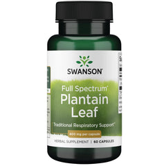 Swanson Full Spectrum Plantain bottle displays 400 mg plantain per capsule for daily wellness