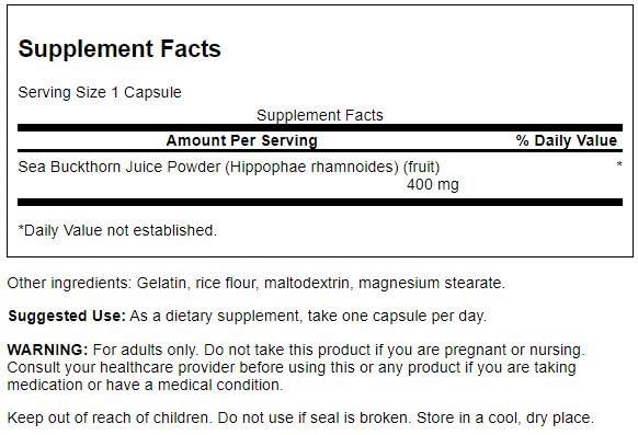 Swanson Full Spectrum Sea Buckthorn capsules shown, convenient daily supplement.