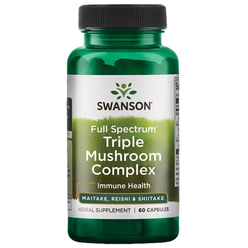 Swanson full-spectrum triple mushroom bottle offers easy daily wellness capsules
